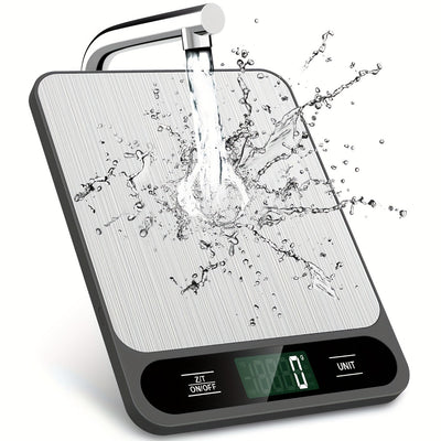 Digital kitchen food scale in black with 22lb/10kg capacity, easy-to-clean stainless steel platform, and bright LCD display.