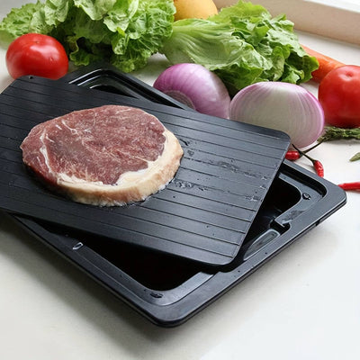 Fast defrost tray for thawing meat and vegetables in kitchen.