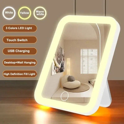 LED vanity mirror with touch screen and USB rechargeable dimming feature, framed design.