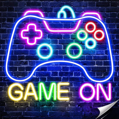 Gamer neon sign featuring a bright LED controller design and "Game On" text for wall decor.