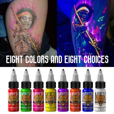 Fluorescent tattoo ink in eight vibrant colors, shown glowing under UV light, perfect for parties and cosplay.