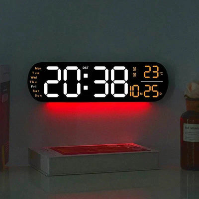 LED wall clock with atmosphere light, temperature, date, and week display.