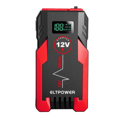 20000mAh red car battery jump starter with LED display, 12V lithium power pack.