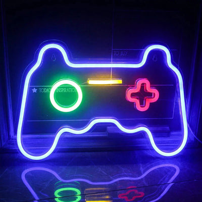 Gamepad-shaped LED neon light in vibrant colors for wall decoration in gaming rooms.