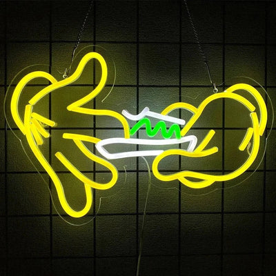 Glove-shaped neon wall sign in yellow and green, USB powered, suitable for bedroom and bar decor.