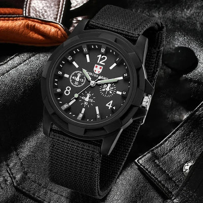 Minimalist black one-piece quartz watch for men with fabric strap.