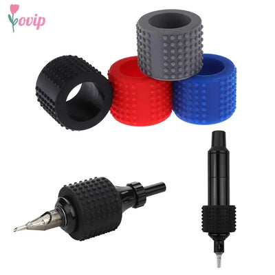 Tattoo machine silicone hand cover in black, red, grey, and blue for grip and vibration reduction.