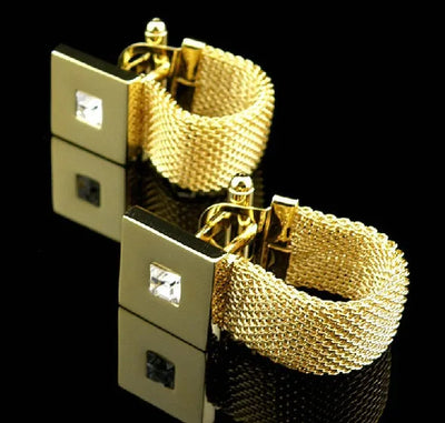 Gold-color cufflinks with a square design and golden mesh detail.