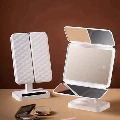 Round portable smart mirror with lights, ideal for home and travel use, classic style design.