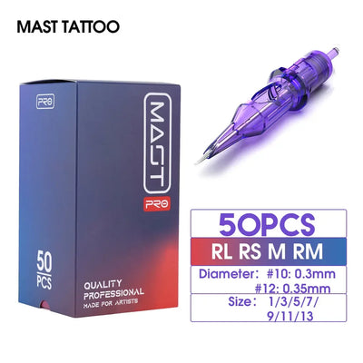 MAST TATTOO cartridge needles, 50pcs, for professional tattooing, 0.3mm/0.35mm sizes, RL RS M RM models.
