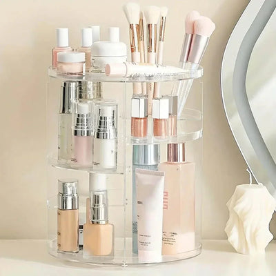 360° Rotating Makeup Organizer with beauty essentials neatly arranged on a vanity.