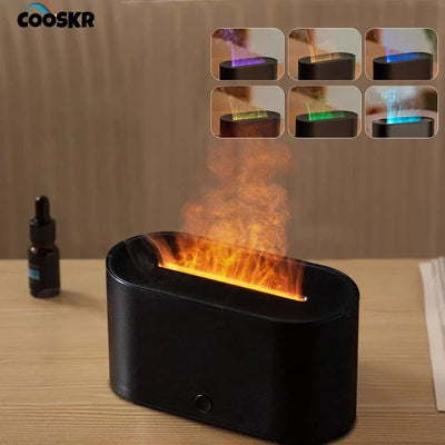Aroma diffuser flame air humidifier with colorful night light for household use.