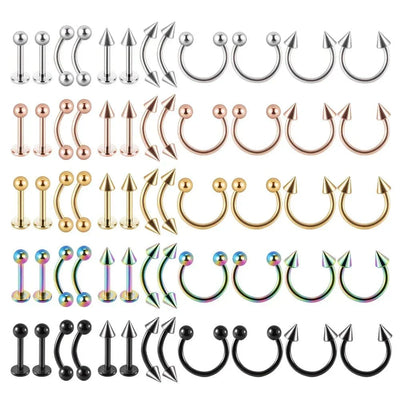 Colorful stainless steel eyebrow jewelry set with spiked ends, featuring cute and romantic design in various colors.