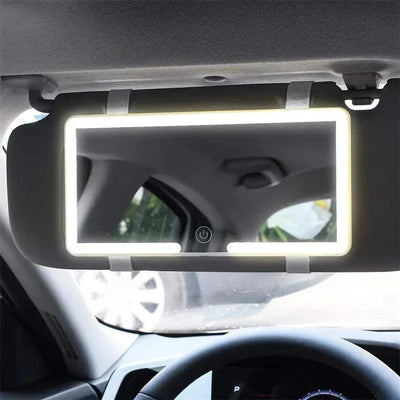 HD mirror car LED makeup mirror on sun visor with dimmable touchscreen lighting.