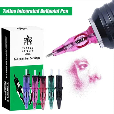 Tattoo Integrated Ballpoint pen in multiple colors with packaging and art design illustration.