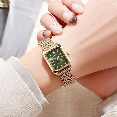 Luxury 2024 rectangular gold ladies quartz watch with green dial and stainless steel band.