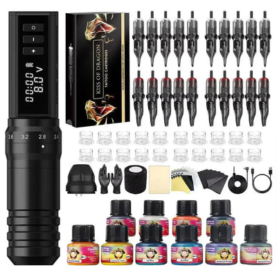 Kiss of Dragon tattoo kit with pen, cartridges, ink, and accessories.