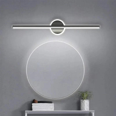 Modern LED mirror with sleek wall-mounted headlights for indoor lighting.