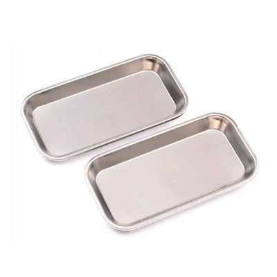 Stainless steel square storage trays for dental, medical, and nail tools.