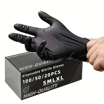 Black disposable nitrile gloves, touch screen compatible, available in sizes S/M/L/XL.