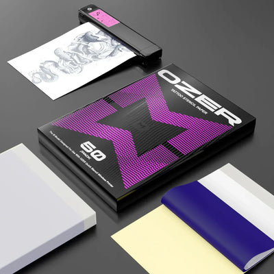 OZER Stencil Transfer Paper for tattoo accessories, featuring a purple and black packaging with additional sheets shown.