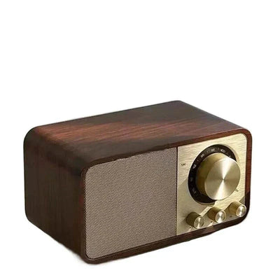 Nostalgic Bluetooth speaker with wooden design and built-in amplifier.