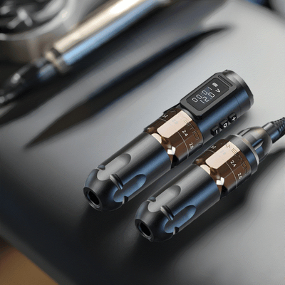Ambition MARS-U Tattoo Machine with digital display and sleek design, black gold color, on a stylish surface.