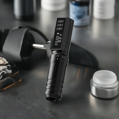 Kiss of Dragon Hunter MAX wireless tattoo machine with display, adjustable stroke, and sleek black design.
